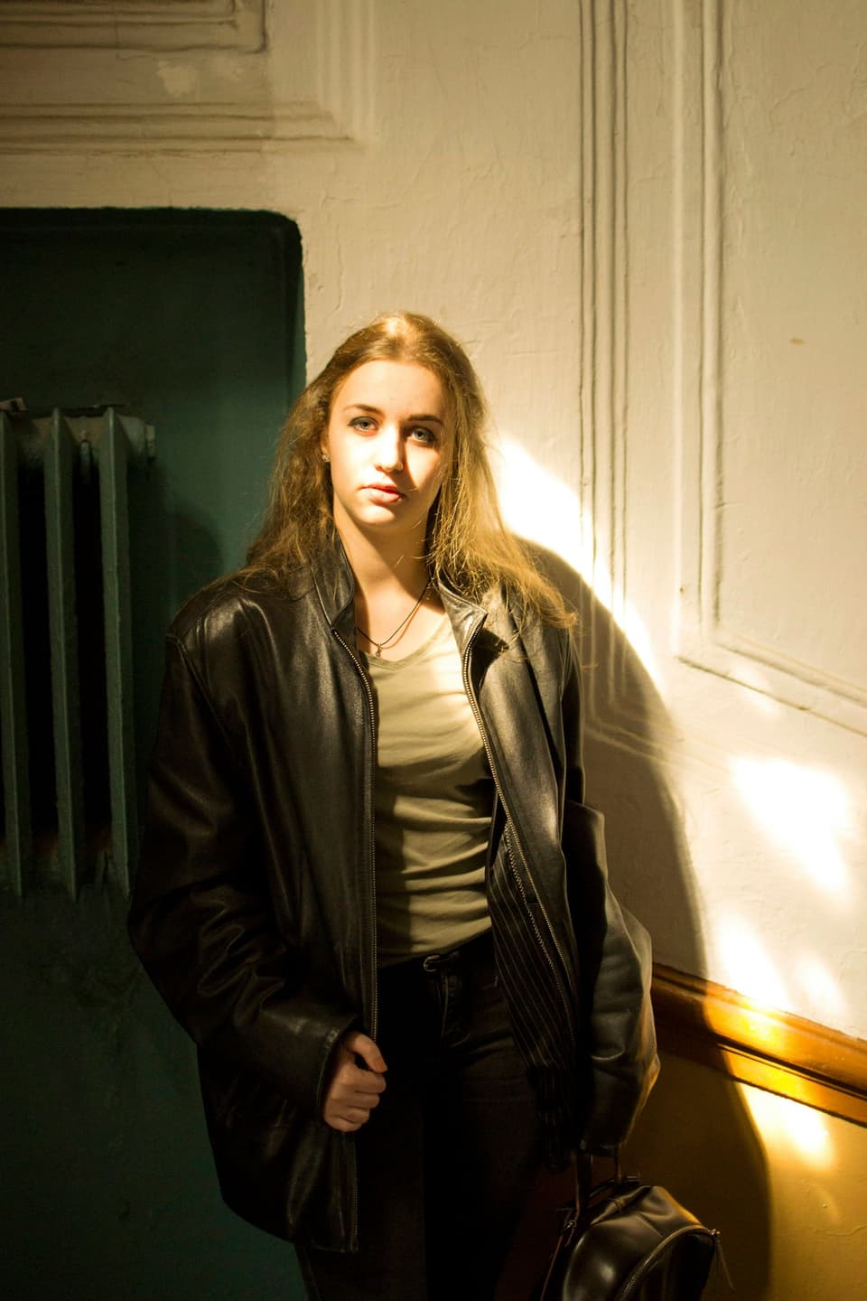 A woman wearing a lamb nappa jacket
